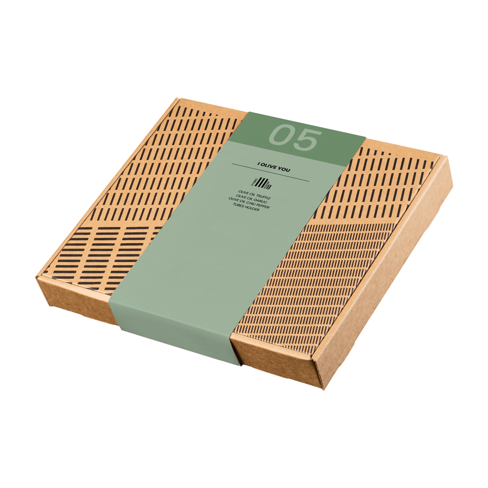 4-Delige olijfolie box "I olive you" met beukenhouten houder
