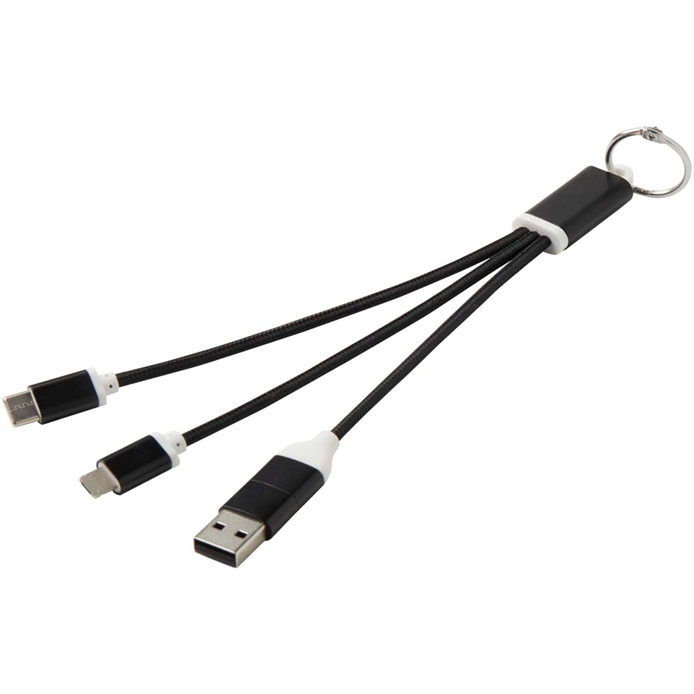 Metal 4-in-1 oplaadkabel van gerecycled aluminium met sleutelhanger - zwart