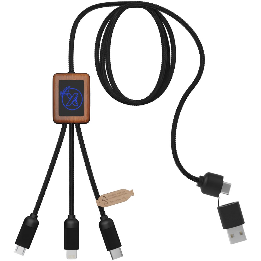 SCX.design C38 40W 5-in-1 oplaadkabel van RPET met oplichtend logo en vierkante houten behuizing - Blauw, Hout