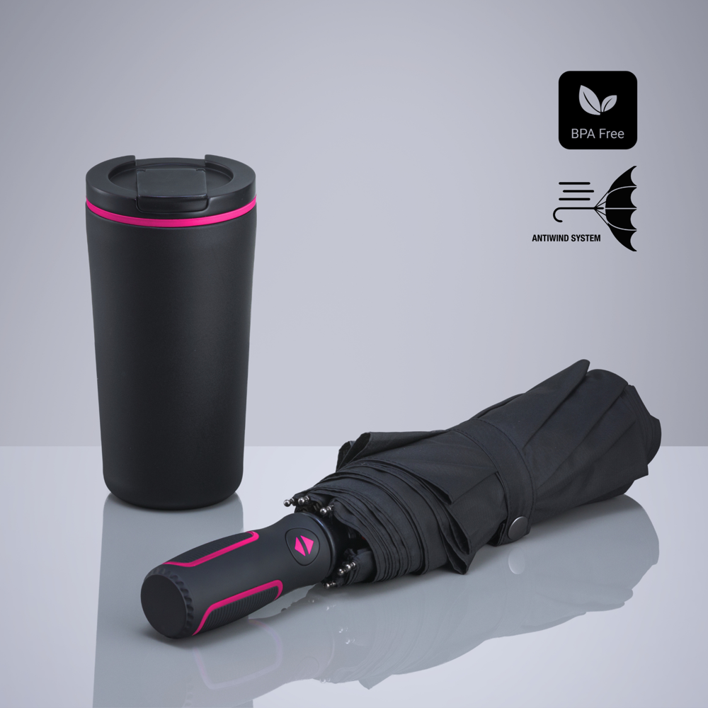 Travel Set: thermomok 370 ml en automatische paraplu - Roze