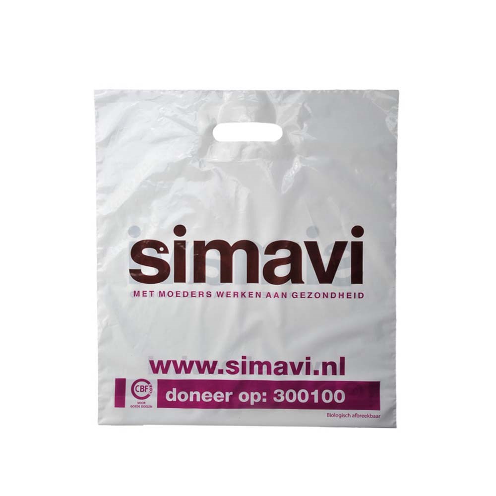 Plastic tas 50 x 45 x 7,5 cm, 48 micron, biologisch afbreekbaar, stanshandvat, 1 zijde