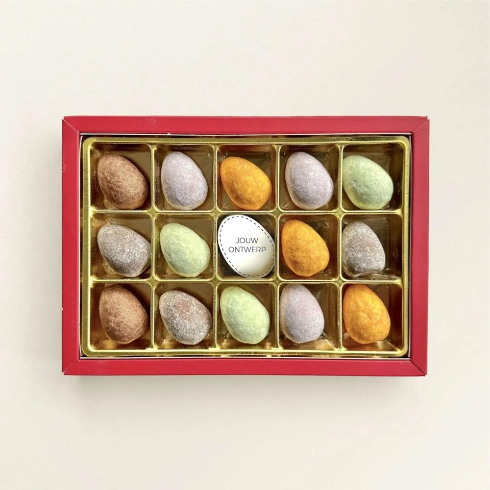 Chocolade gevulde paaseitjes | karamel/framboos/pistache | geschenkdoos | eigen logo | 185g
