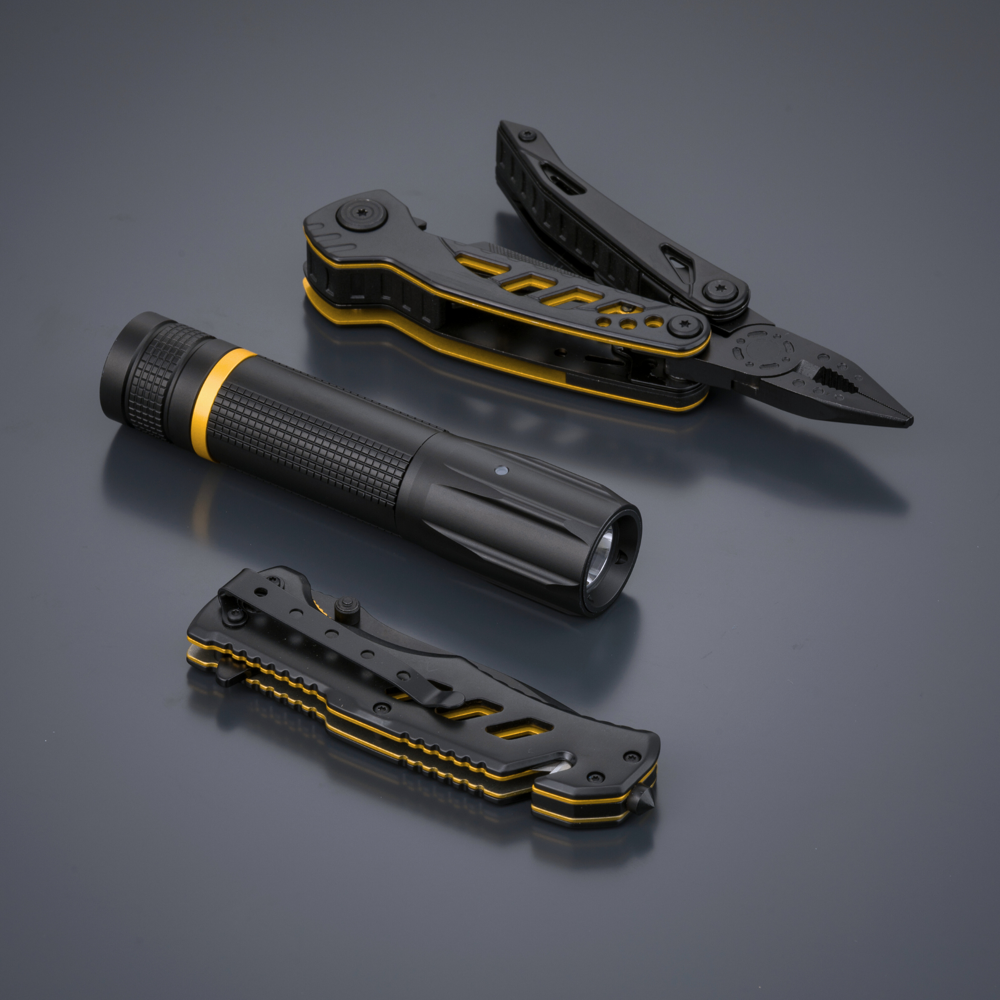 Optima Multiset: multitool, reddingsmes en kleine zaklamp - Geel