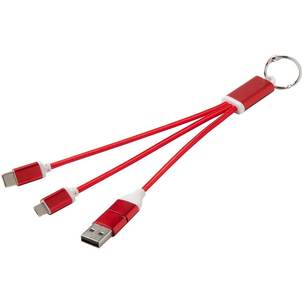 Metal 4-in-1 oplaadkabel van gerecycled aluminium met sleutelhanger - rood